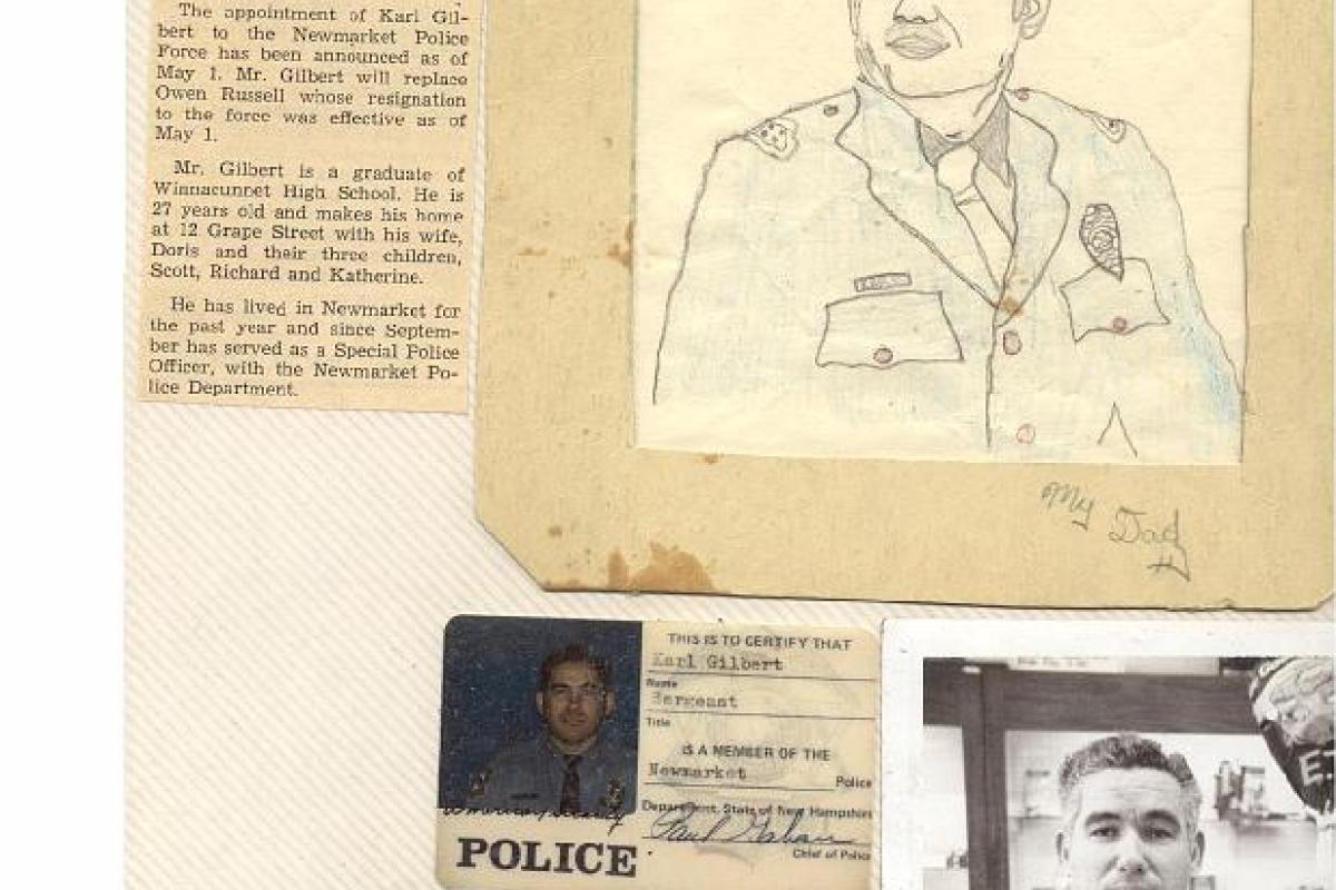 Page from Scrapbook with drawing of officer and newspaper articles